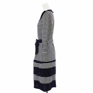 TO BE CHIC ティアードワンピース Uネック ひざ丈 七分袖 ボーダー リボンベルト 2 M 黒 ブラック 白 ホワイト