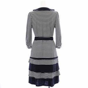 TO BE CHIC ティアードワンピース Uネック ひざ丈 七分袖 ボーダー リボンベルト 2 M 黒 ブラック 白 ホワイト