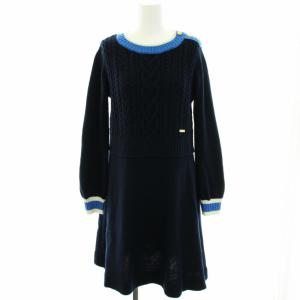 ニットワンピース ケーブル ライン ウール混 長袖 ひざ丈 38 M 紺 ネイビー 水色 ライトブルー 白 ホワイト