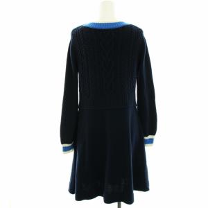 BLUE LABEL CRESTBRIDGE ニットワンピース ケーブル ライン ウール混 長袖 ひざ丈 38 M 紺 ネイビー 水色 ライトブルー 白 ホワイト