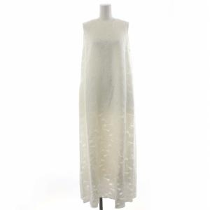 ワンピース カットジャカード バックリボン クルーネック シアー ロング ノースリーブ 38 M 白 ホワイト