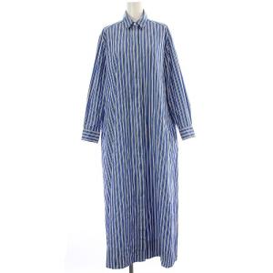 シャツワンピース ロング 長袖 リボン ストライプ コットン 38 M 青 ブルー 白 ホワイト