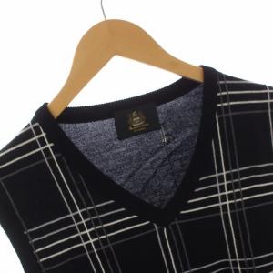 Aquascutum UK LABEL ベスト ニット Vネック プルオーバー チェック ウール L 黒 ブラック 白 ホワイト グレー