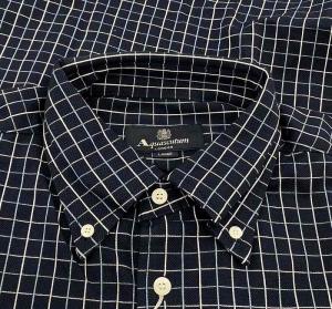 Aquascutum ボタンダウンシャツ 半袖 チェック L 紺 ネイビー
