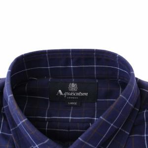 Aquascutum ボタンダウンシャツ チェック 長袖 L 紺 ネイビー