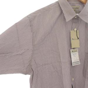 Aquascutum タグ付き ワイシャツ ドレス ストライプ 長袖 43-82 茶 ブラウン 紺 ネイビー