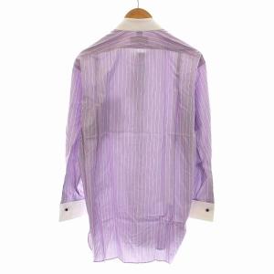 Aquascutum クレリックシャツ ストライプ ホリゾンタルカラー 長袖 41-82 L 紫 パープル ホワイト