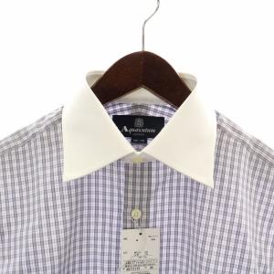Aquascutum クレリックシャツ ワイシャツ ドレスシャツ 長袖 チェック 39-78 M 白 ホワイト グレー 紫 パープル