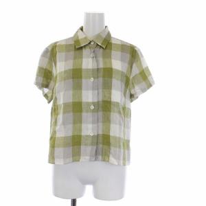 ブラウス シャツ 半袖 麻 リネン チェック 1 S 緑 グリーン グレー