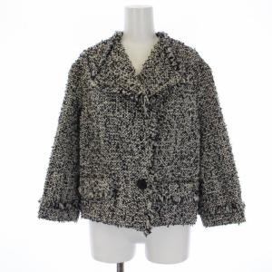 ジャケット 七分袖 ツイード スパンコール フリンジ ウール ナイロン 40 L 紺 ネイビー 白 ホワイト