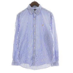 シャツ 長袖 ストライプ コットン M 青 ブルー 白 ホワイト