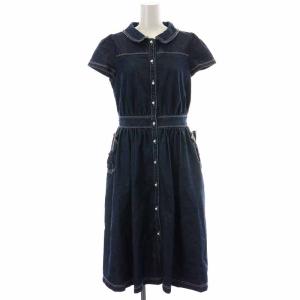 パールボタンデニムワンピース フレアワンピース ロング リボンポケット 半袖 38 M 紺 ネイビー 211329