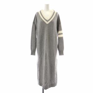 22AW チルデンロングニットワンピース ミモレ Vネック 長袖 ウール 36 S グレー 白 ホワイト 0222333091