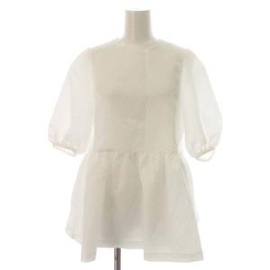 ジャガードペプラムブラウス プルオーバー フレア ギャザー パフスリーブ 五分袖 36 S 白 ホワイト