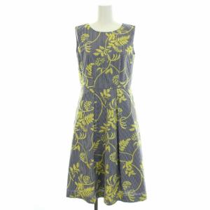刺繍ストライプワンピース ひざ丈 ノースリーブ ボタニカル柄 40 M 紺 ネイビー 黄 イエロー