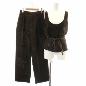 セットアップ 上下 カットソー ノースリーブ リボンベルト パンツ スラックス ジップフライ L 茶 ブラウン