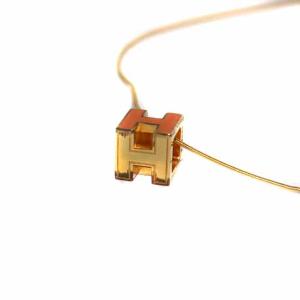 HERMES カージュドアッシュ ネックレス ペンダント Hキューブ オレンジ ゴールド色