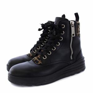 FENDI ズッカ切替 ショートブーツ レースアップ レザー サイドジップ 7 26cm ブラック U1399