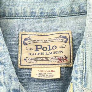 POLO RALPH LAUREN ウエスタンシャツ デニムシャツ 長袖 星条旗 ワッペン リペア加工 XS 水色 ライトブルー