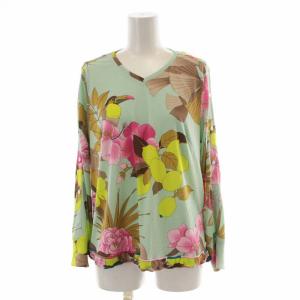 ブラウス シャツ 長袖 総柄 Vネック 38 M 黄緑 ピンク