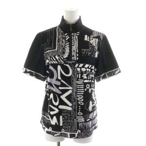 カットソー 半袖 総柄 ハーフジップ コットン 40 M 黒 ブラック 白 ホワイト