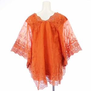 Leilian ブラウス シャツ Vネック 五分袖 プルオーバー レース 麻 リネン混 9 M オレンジ