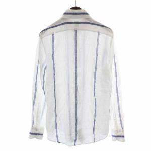 Finamore ホリゾンタルカラーシャツ カジュアルシャツ リネン 麻 ストライプ 長袖 15 1/2 /39 M 白 ホワイト 紺 ネイビー