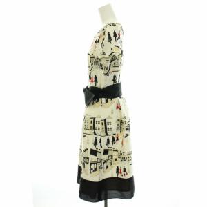 M'S GRACY 2019年製 ワンピース ひざ丈 半袖 総柄 ベルト 40 M 白 ホワイト 黒 ブラック