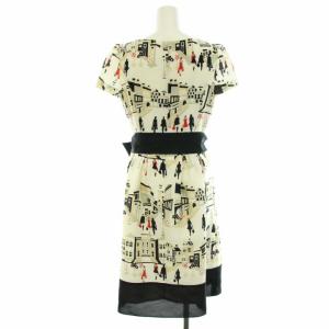 M'S GRACY 2019年製 ワンピース ひざ丈 半袖 総柄 ベルト 40 M 白 ホワイト 黒 ブラック