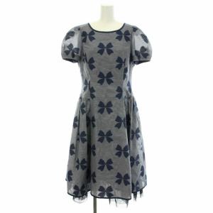 2020年製 ワンピース ひざ丈 ラウンドネック 半袖 リボン柄 40 M 紺 ネイビー