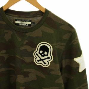 HYDROGEN カットソー 長袖 迷彩 カモフラ ドクロ スター ワッペン 切替 カットオフ M カーキ 茶 ブラウン 白 ホワイト