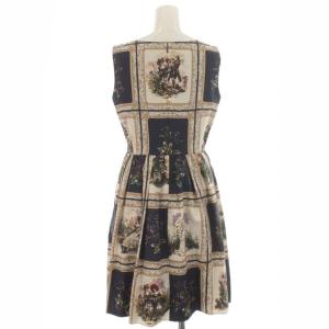 Lois CRAYON 額縁柄ワンピース フレア ギャザー ミニ ノースリーブ 総柄 M 紺 ネイビー