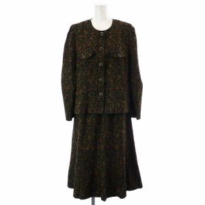 セットアップ 上下 ジャケット フレアスカート ミモレ ロング 花柄 ウール 11 L 黒 ブラック ? イエロー