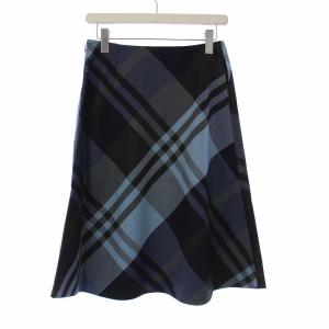 OLD ENGLAND フレアスカート ひざ丈 チェック ウール 34 XS 青 ブルー タグ付き