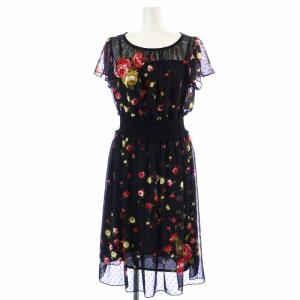 フラワーモチーフシースルーワンピース ボートネック ひざ丈 半袖 花柄 38 M 黒 ブラック