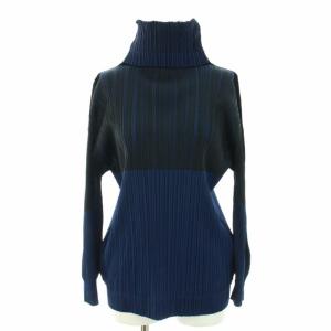 イッセイミヤケ カットソー ブラウス タートルネック 長袖 プリーツ 3 ネイビー ブラック