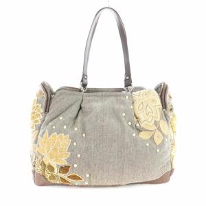 JAMIN PUECH トートバッグ ハンドバッグ ビーズ装飾 ウール レザー 花柄 グレー 茶 ブラウン