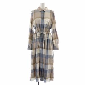 シャツワンピース ロング マキシ フレア 長袖 チェック リボンベルト 38 ベージュ系