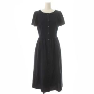 ワンピース フレア ロング フィッシュテール アシメ 半袖 切替 フロントボタン リボン 38 M 紺 ネイビー