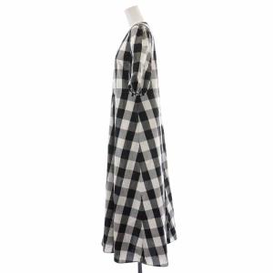 CONVERSE TOKYO フレアワンピース ロング Vネック シルク混 チェック 五分袖 黒 ブラック 白 ホワイト