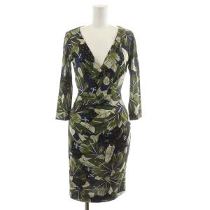 ワンピース ひざ丈 長袖 総柄 シルク 絹 0 XS 緑 グリーン 白 ホワイト 紫 パープル