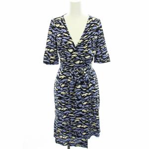 ラップワンピース ひざ丈 半袖 総柄 絹 シルク カシュクール 2 S 黒 ブラック 紫 パープル 白 ホワイト