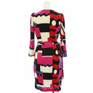 DIANE von FURSTENBERG ラップワンピース ひざ丈 七分袖 総柄 絹 シルク カシュクール 0 XS 黒 ブラック ピンク 白 ホワイト