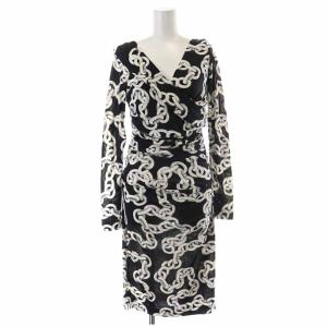 タイトワンピース ひざ丈 カシュクール チェーン柄 長袖 2 M 黒 ブラック 白 ホワイト