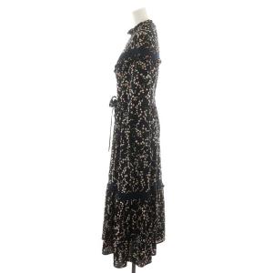 Chesty ワンピース ミモレ ロング 長袖 花柄 フリル リボン付き 1 S 紺 ネイビー 12A518