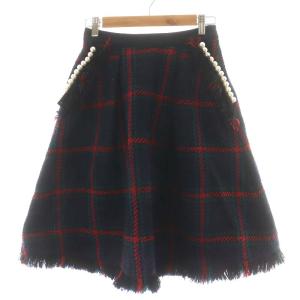 × chay フレアスカート ひざ丈 チェック柄 ツイード パール ウール 0 XS 紺 ネイビー 黒 ブラック 赤 レッド