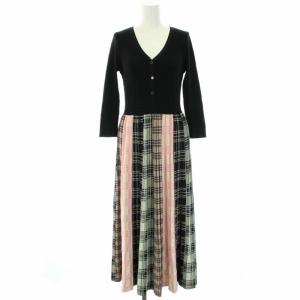 チェックプリーツニットワンピース ロング Vネック 長袖 切替 チェック 36 S 黒 ブラック 白 ホワイト ピンク