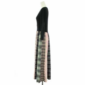 GRACE CONTINENTAL チェックプリーツニットワンピース ロング Vネック 長袖 切替 チェック 36 S 黒 ブラック 白 ホワイト ピンク