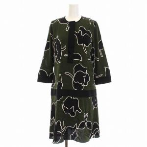 ワンピース ひざ丈 総柄 シルク 七分袖 2 S カーキ 黒