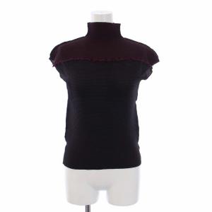 ノースリーブカットソー ハイネック フリル パイピング ボックスプリーツ ワッフルプリーツ 紫 黒 パープル ブラック MI43FK303